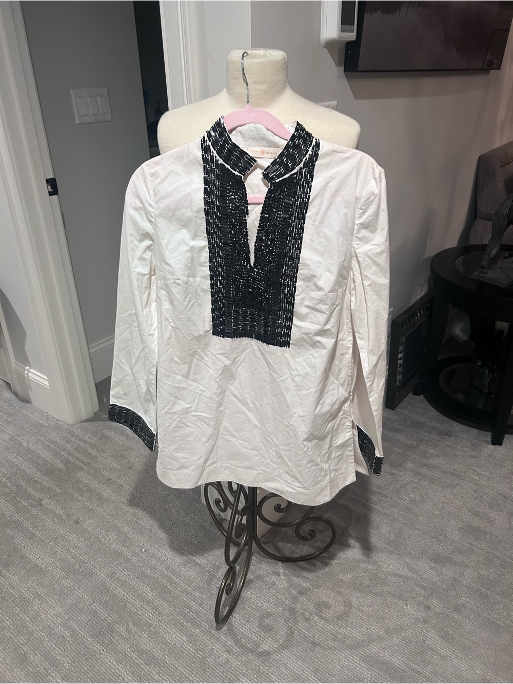 Tory Burch White Tunic Top with Black Embroidered Placket